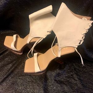 Wooden Wedged Open Toed Ankle Boots